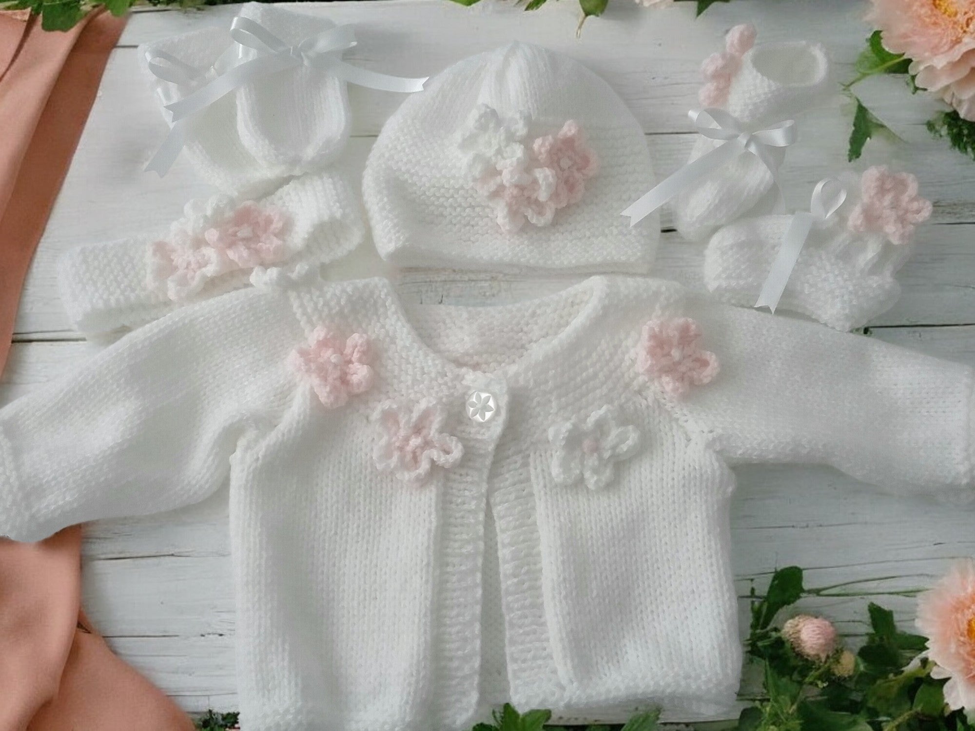 Hand Knitted Girls Cardigan with Yoke Design and Knitted Daisy Trim