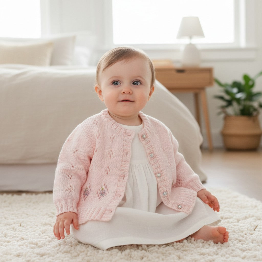 Girls knitted cardigan with diamond lacy design and embroidery