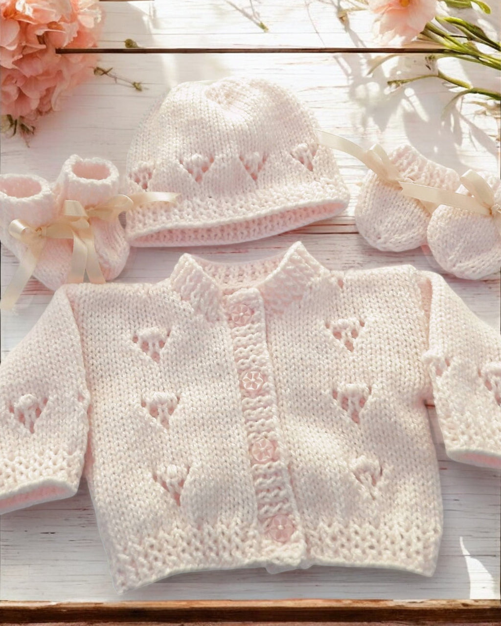 Gorgeous Hand-Knitted Unisex Baby Cardigan with  Matching Hat, Booties & Mittens