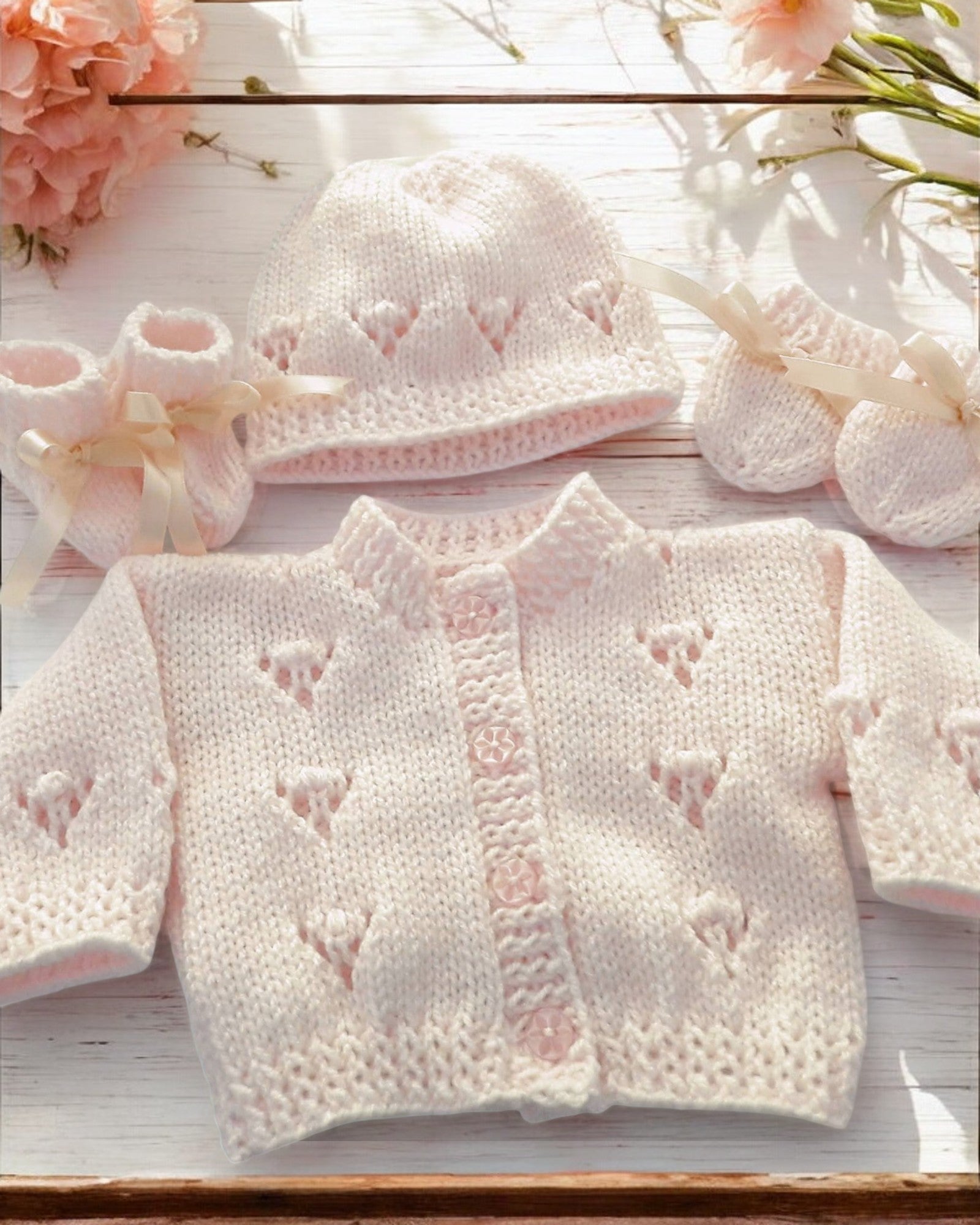Gorgeous Hand-Knitted Unisex Baby Cardigan with  Matching Hat, Booties & Mittens