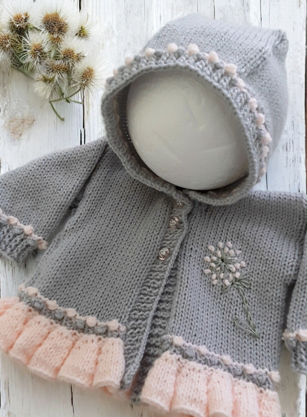 Elegant Frilly Knit Baby Girl Hoodie with Delicate Dandelion Embroidery, silver with your choice of trim colour