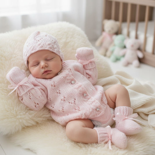 Cozy Cable Knit Baby Outfit – Hand-Knitted Cardigan, Hat, Mittens & Booties Set