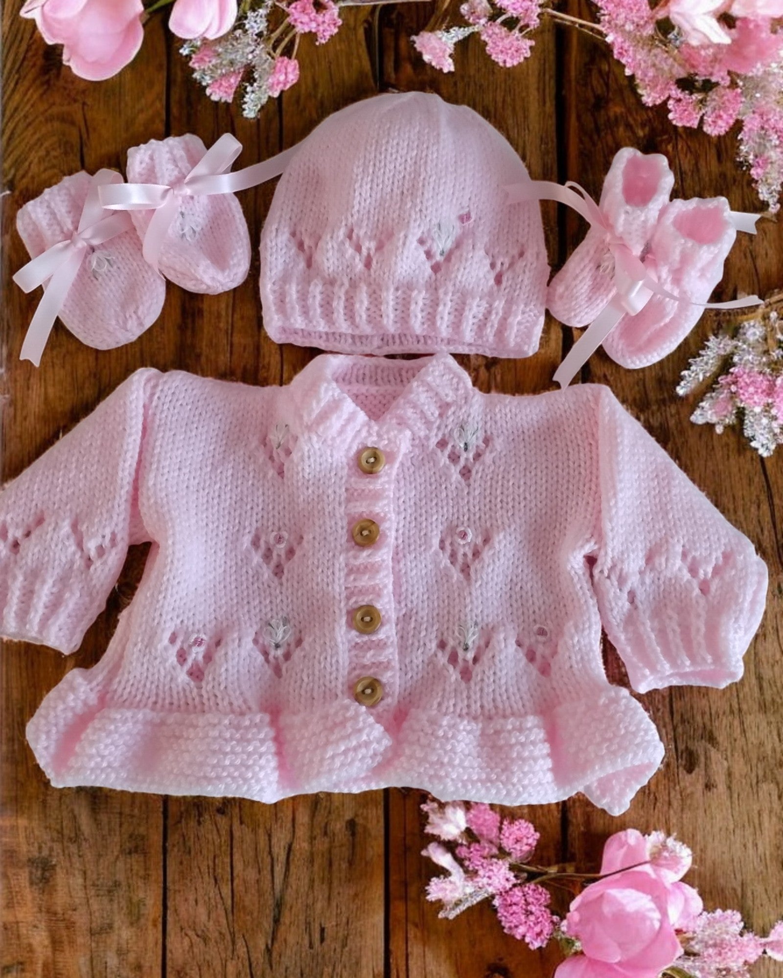 Hand Knitted Baby Girl Outfit with Matching Hat, Mittens & Booties | Embroidered Baby Shower Gift
