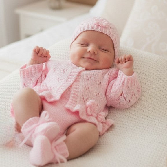 Hand-Knitted Baby Girl Cardigan with Fluted Hem & Flower trim with headband and booties