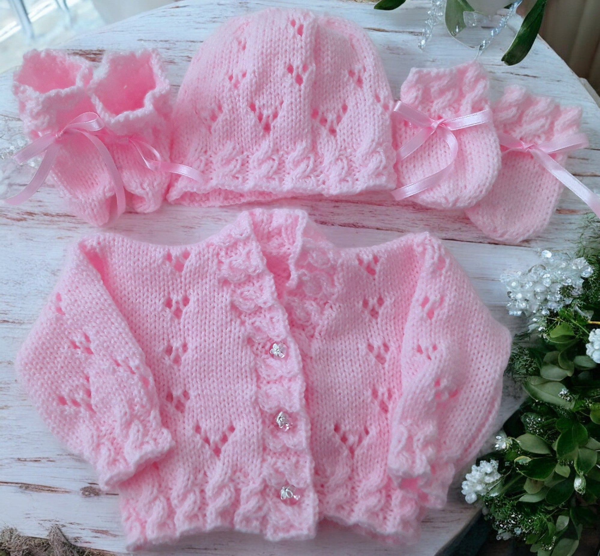 Cozy Cable Knit Baby Outfit – Hand-Knitted Cardigan, Hat, Mittens & Booties Set
