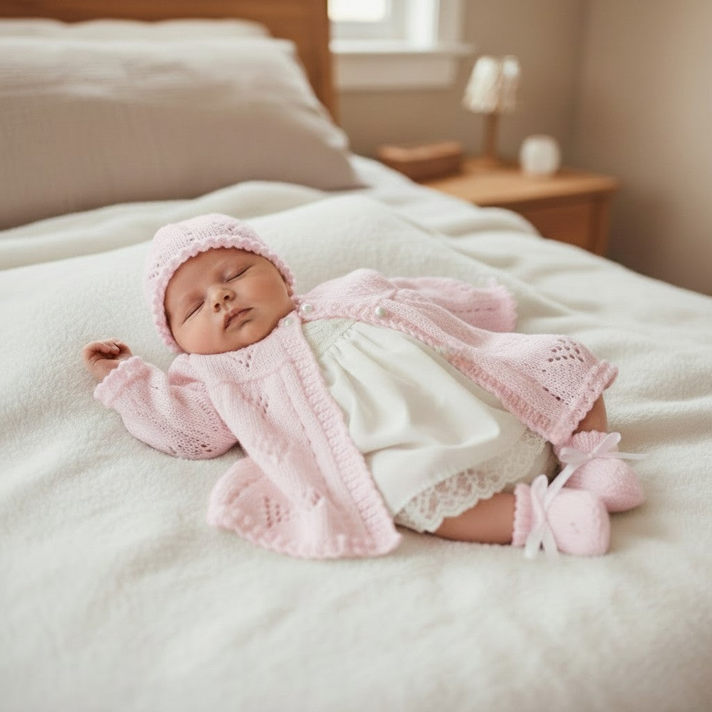 Cozy Baby Outfit: Knitted Matinee Coat, Hat, Mittens, and Boots Set