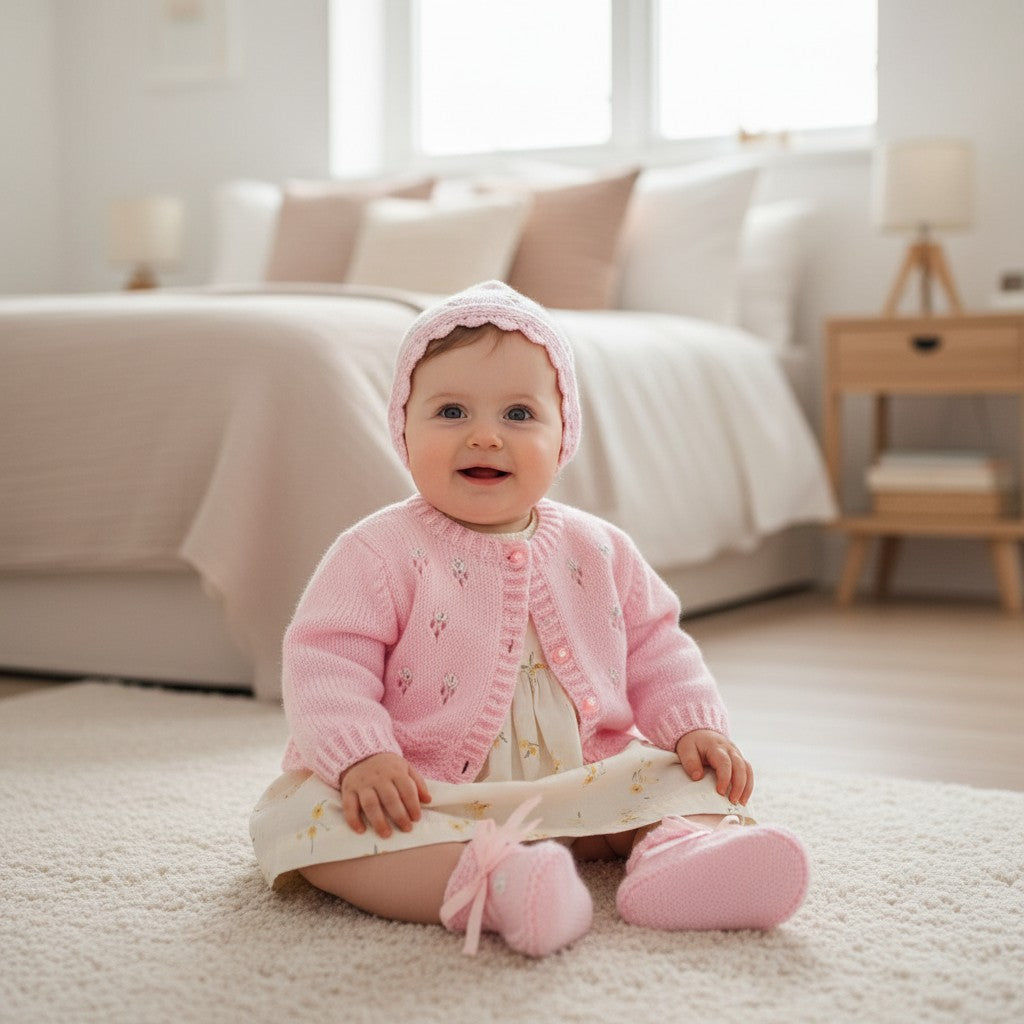Girls' Knitted Outfit with Scalloped Hem & Embroidery – Matching Hat, Mittens, and Boots Set