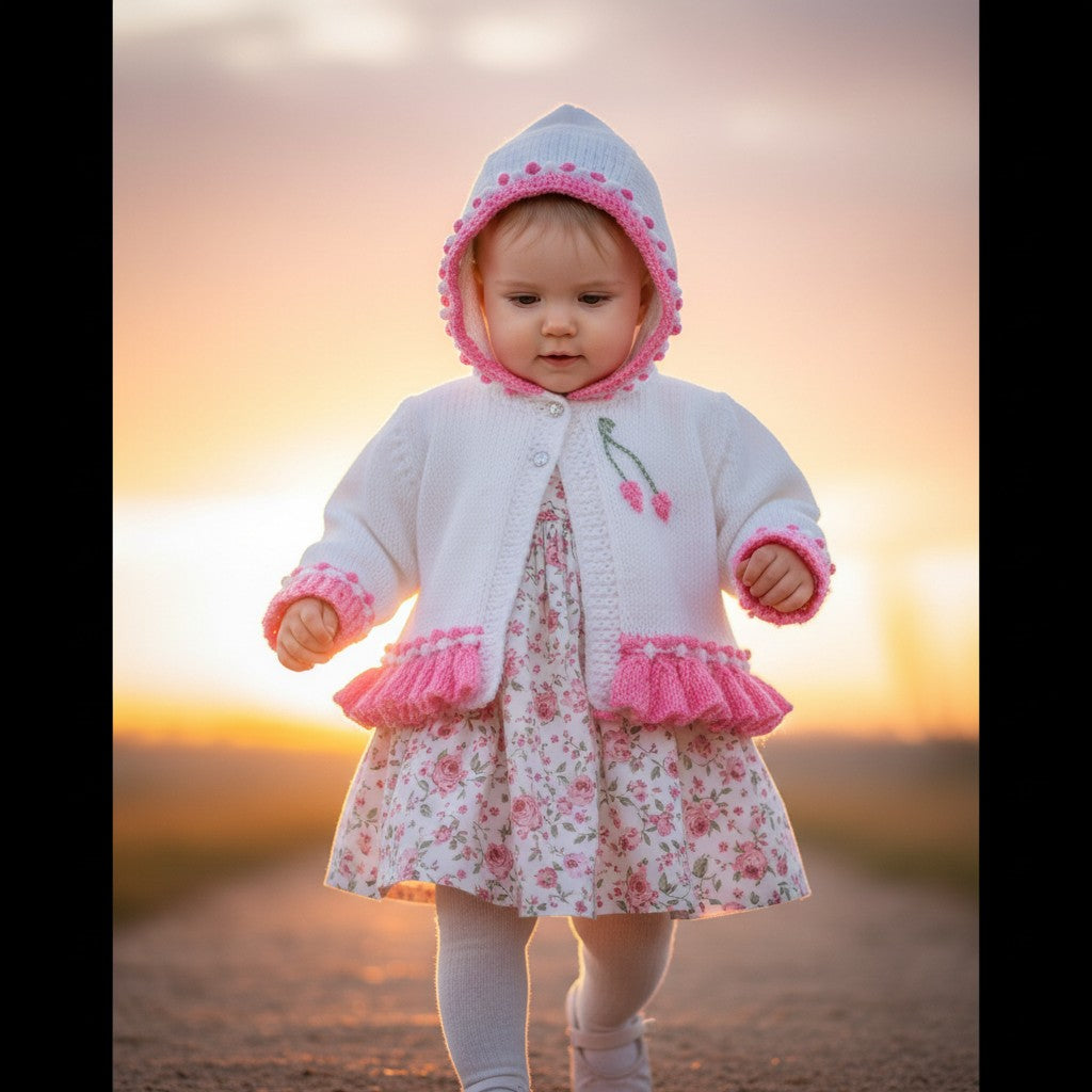 Pretty Baby Girl Hoodie – Frilly Knit Design with Flower Embroidery
