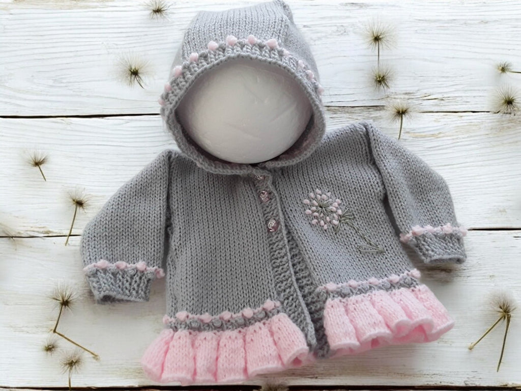 Elegant Frilly Knit Baby Girl Hoodie with Delicate Dandelion Embroidery, silver with your choice of trim colour