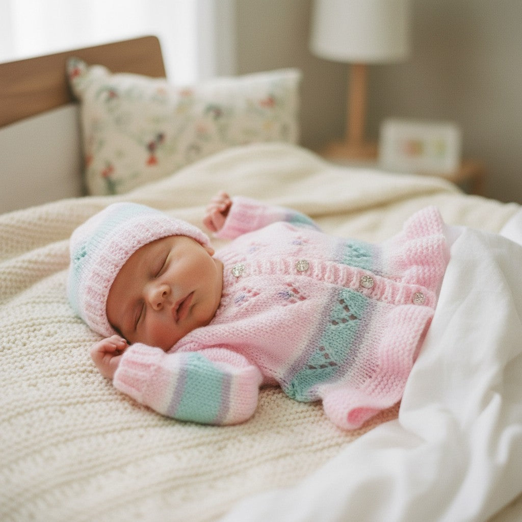 Hand Knitted Girls Cardigan & matching hat in pastel rainbow colours