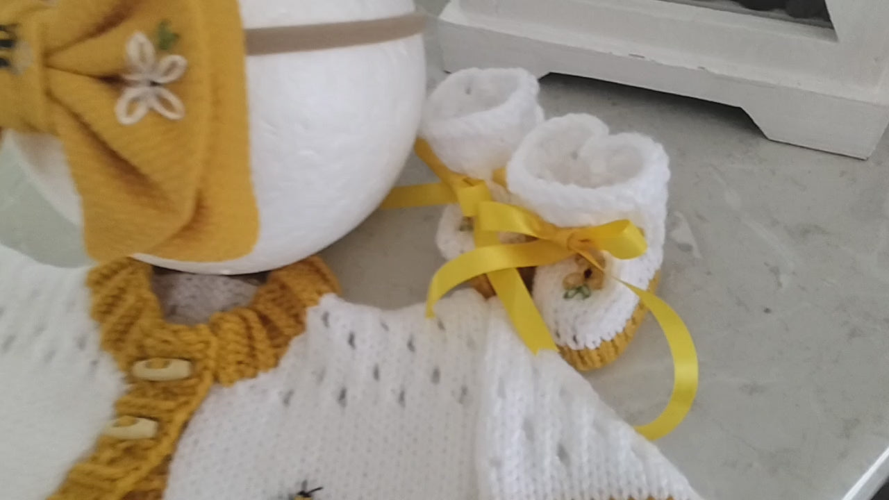 Hand Knitted Girls Cardigan Set with Bow Headband & Boots, Daisy & Bumblebee Embroidery