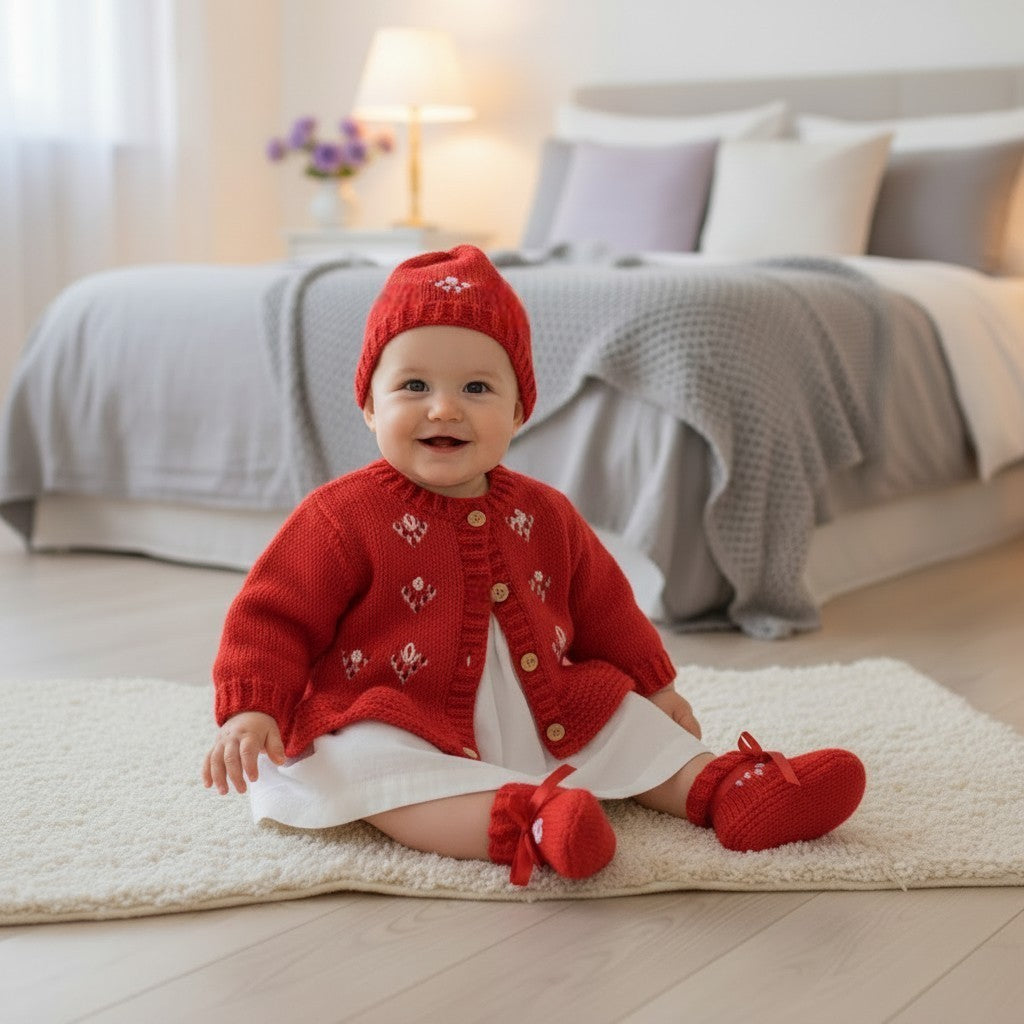 Hand Knitted Baby Girl Outfit with Matching Hat, Mittens & Booties | Embroidered Baby Shower Gift