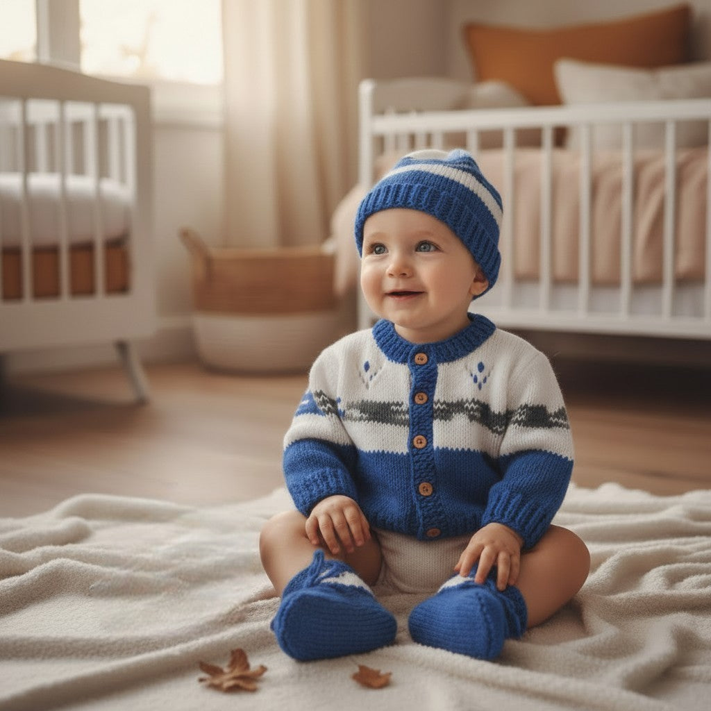 Boys' Star and Stripe Knitted Cardigan with Matching Hat and Boots – Playful Baby Boy Outfit