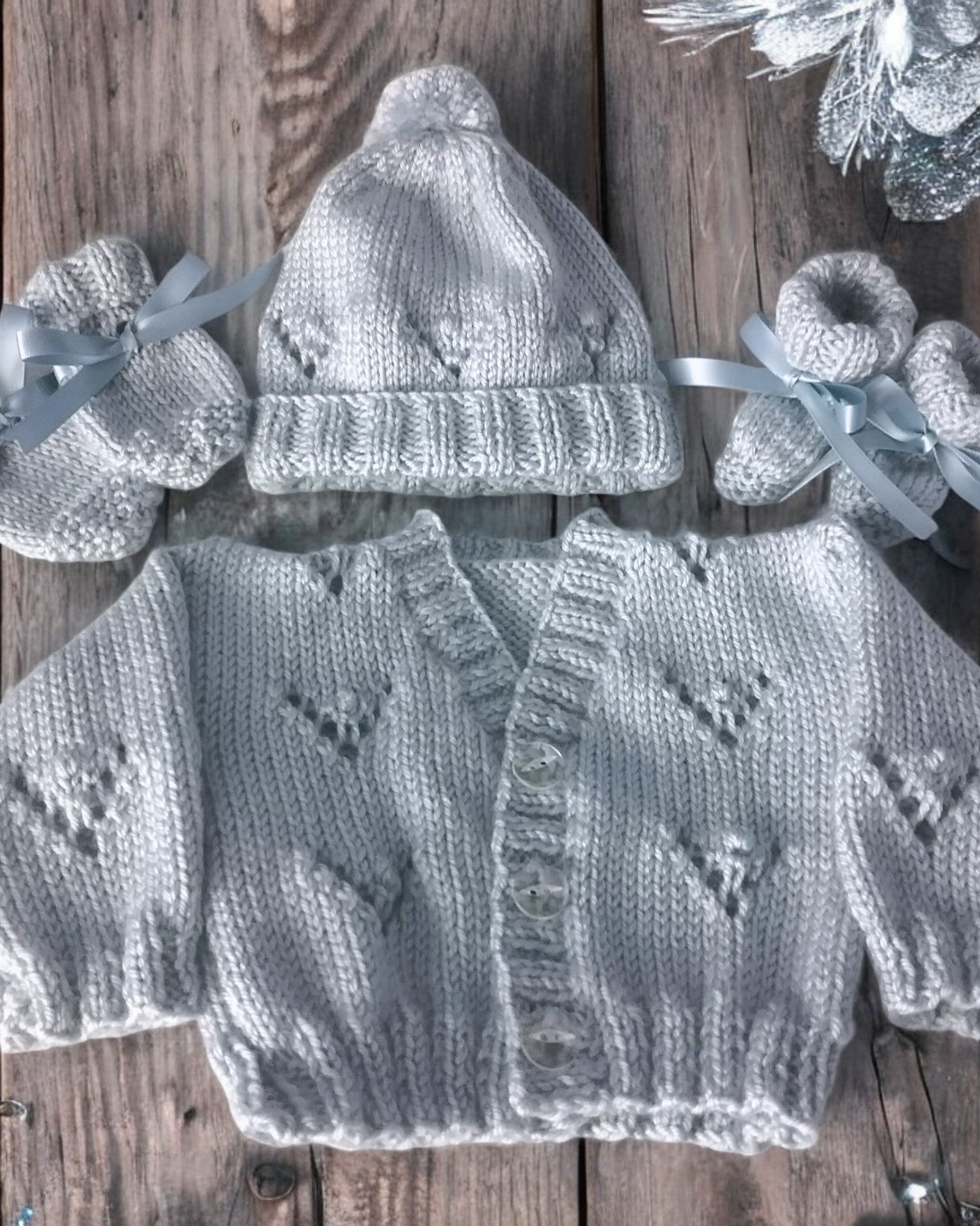 Gorgeous Hand-Knitted Unisex Baby Cardigan with  Matching Hat, Booties & Mittens