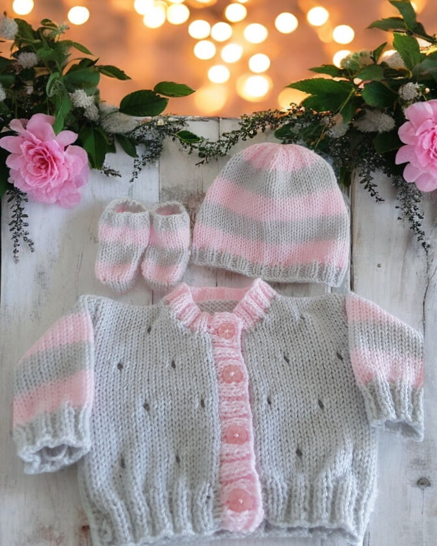 Silver & Pastel Striped unisex Knitted Baby Set