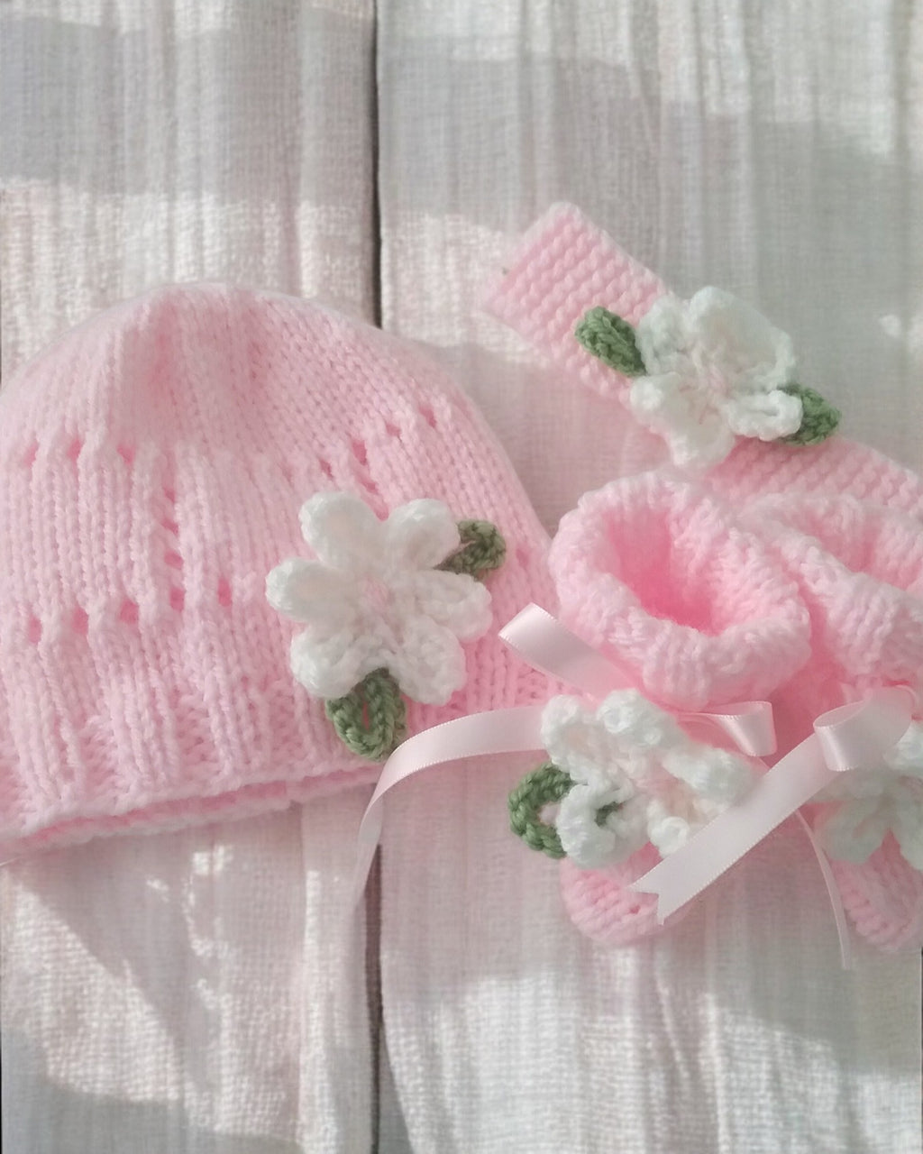 Baby Girl Fluted Hem Cardigan with hat, headband and boots, Flower & leaf Trim