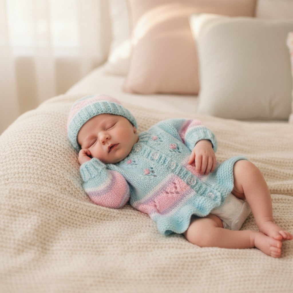 Hand Knitted Girls Cardigan & matching hat in pastel rainbow colours