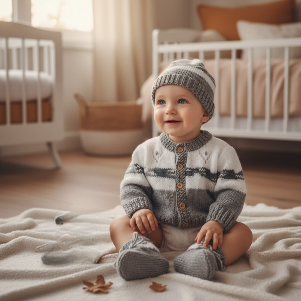 Boys' Star and Stripe Knitted Cardigan with Matching Hat and Boots – Playful Baby Boy Outfit