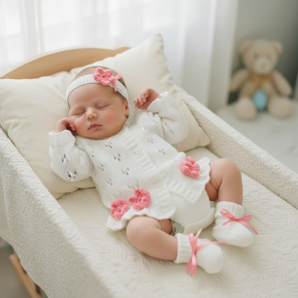 Girls Knitted Outfit – Cardigan, Headband & Boots Trimmed with Spring-Summer Flowers