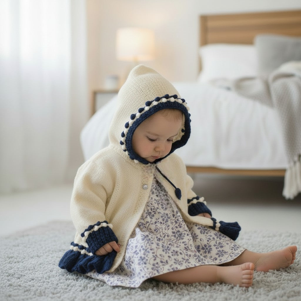 Pretty Baby Girl Hoodie – Frilly Knit Design with Flower Embroidery
