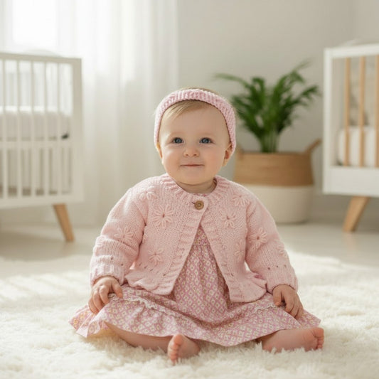 Hand Knitted Girls Cardigan & matching headband with Hand-Stitched Blooms