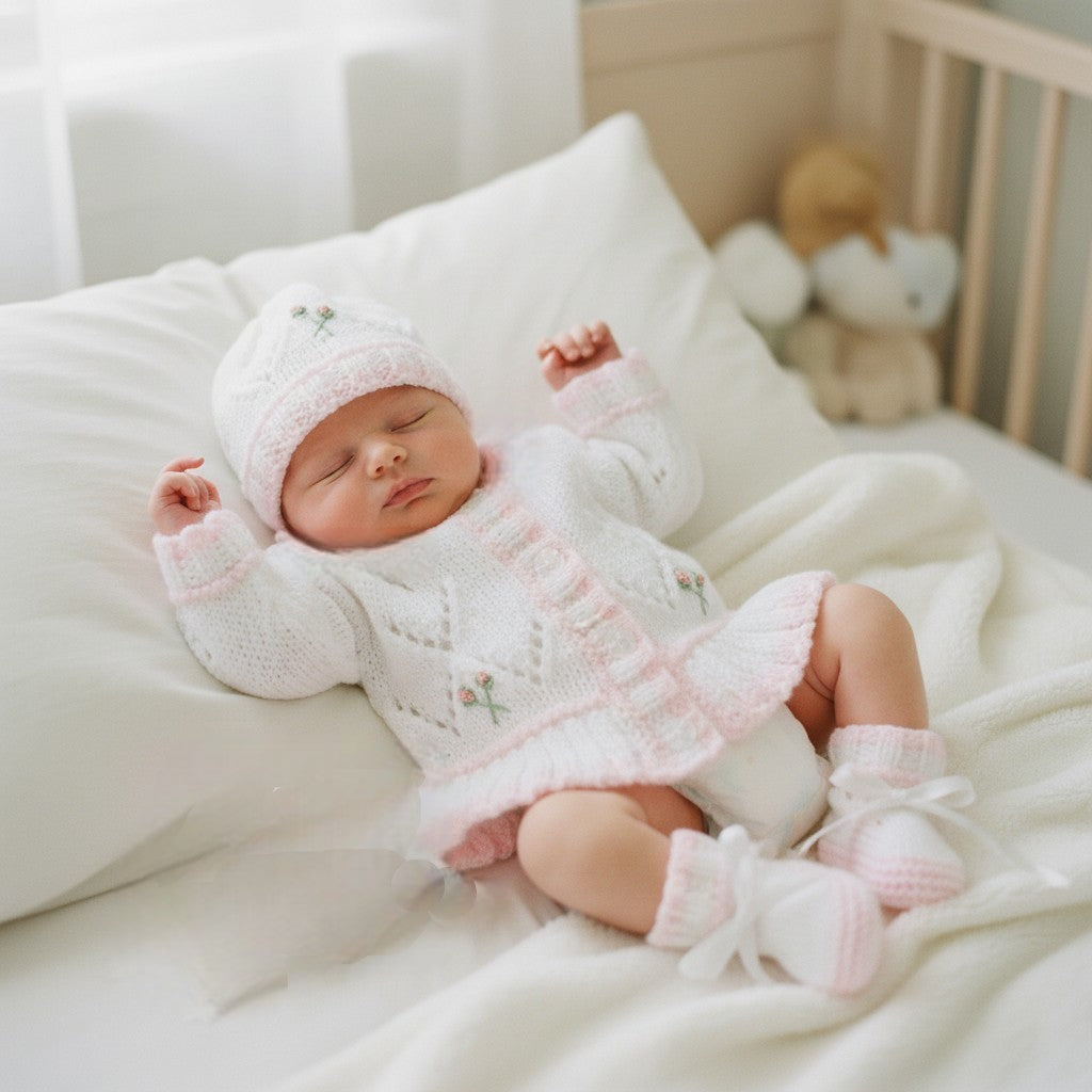 Frilly Baby Girl Cardigan with Beautiful Embroidery – Matching Hat, Mittens, and Boots Set