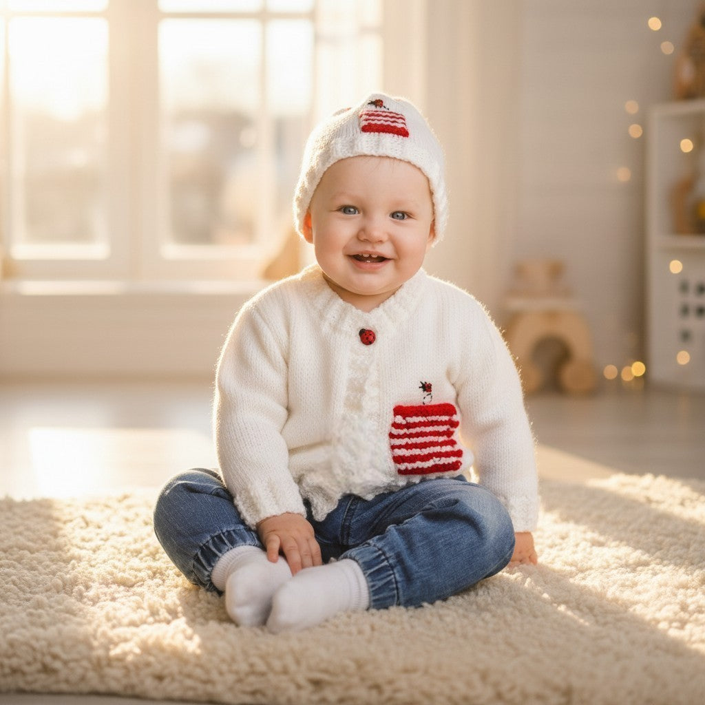 Hand knitted baby cardigan with hat embroidered with bumble bee- ladybird - caterpillar design
