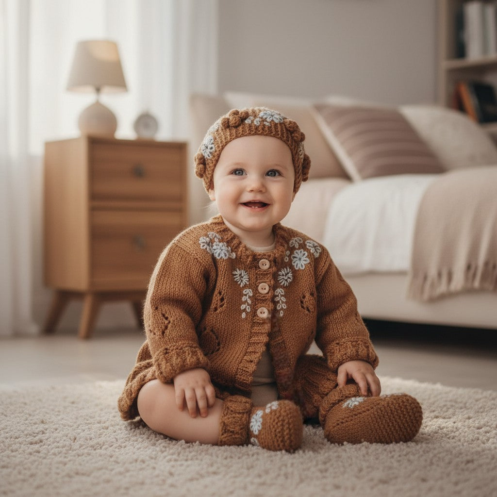 Charming Girls' Embroidered Cardigan Set: Headband & Boots Included