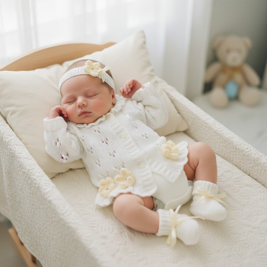 Girls Knitted Outfit – Cardigan, Headband & Boots Trimmed with Spring-Summer Flowers