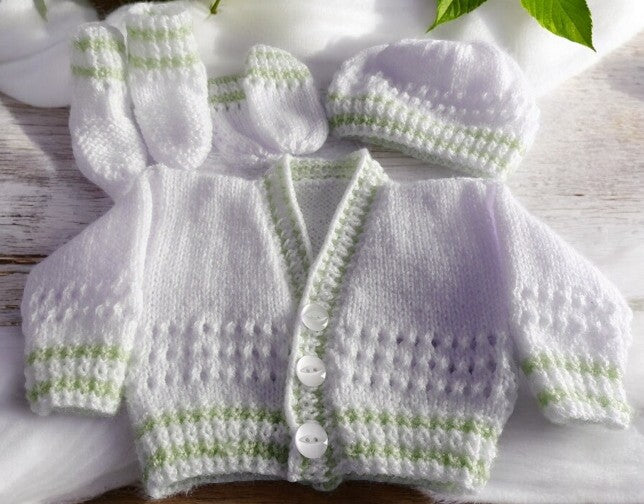 Stripy Knitted Baby Set – Cardigan, Hat, Mittens & Booties