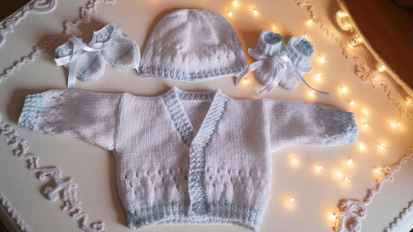 Stripy Knitted Baby Set – Cardigan, Hat, Mittens & Booties
