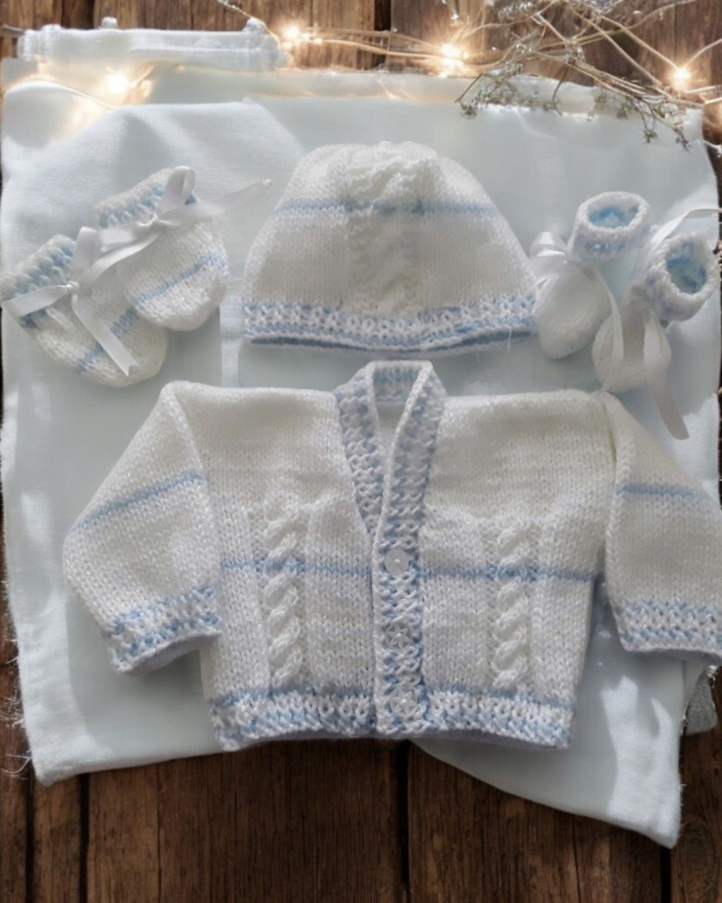 Cozy Stripy Knit Baby Ensemble – Cardigan, Hat, Mittens & Booties