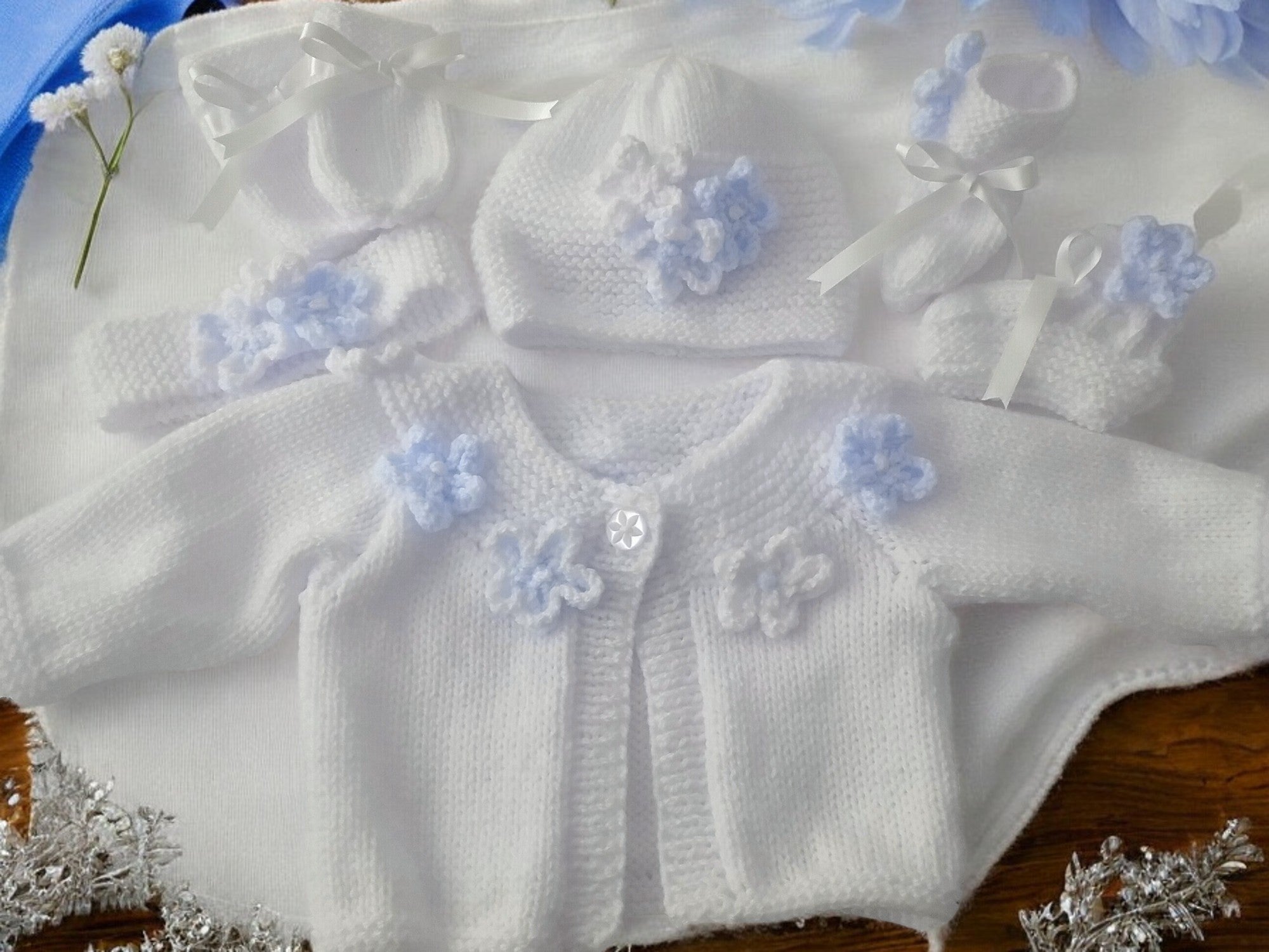 Hand Knitted Girls Cardigan with Yoke Design and Knitted Daisy Trim