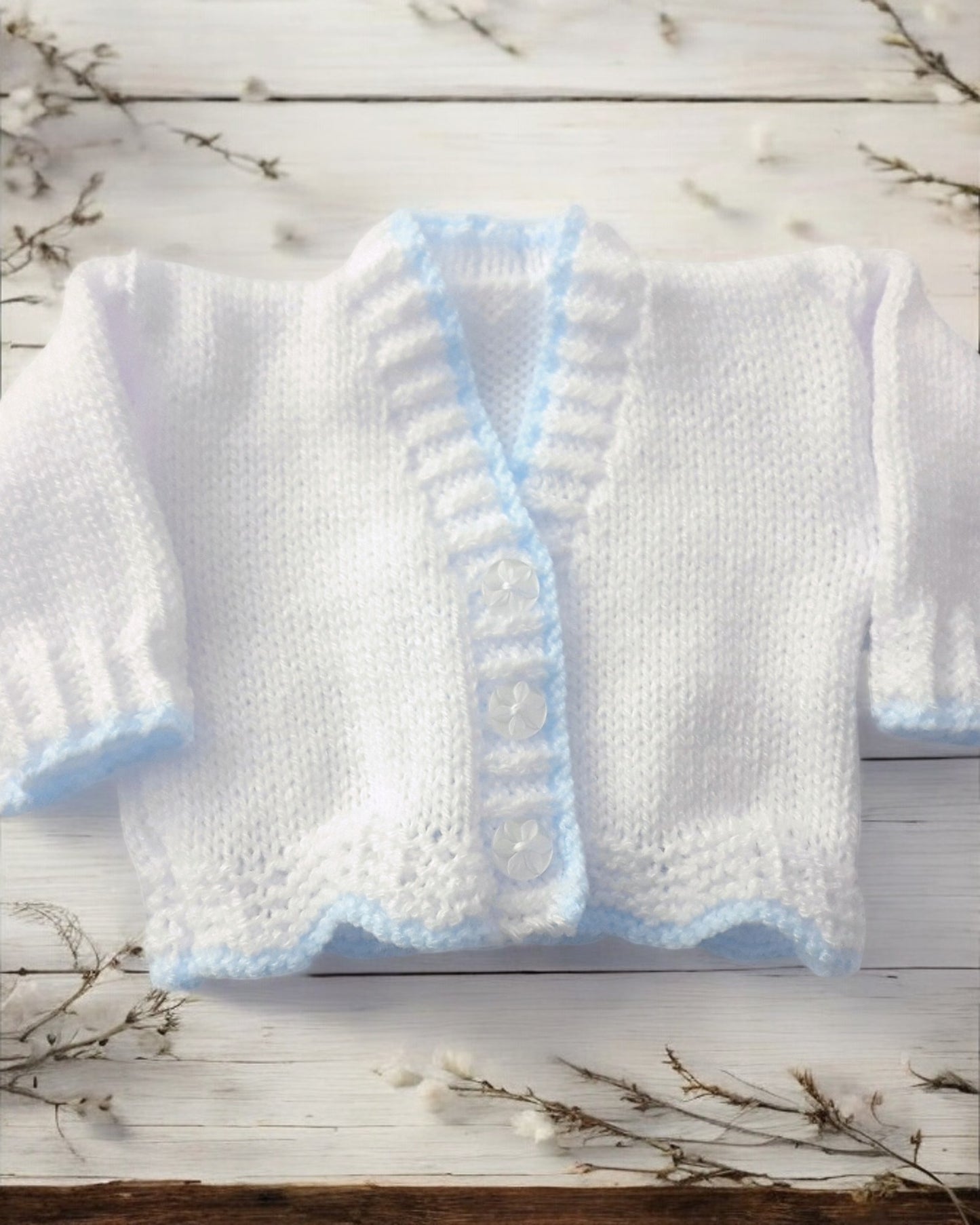 Scalloped Hem Baby Cardigan with V-Neck – Matching Hat, Mittens & Boots Available