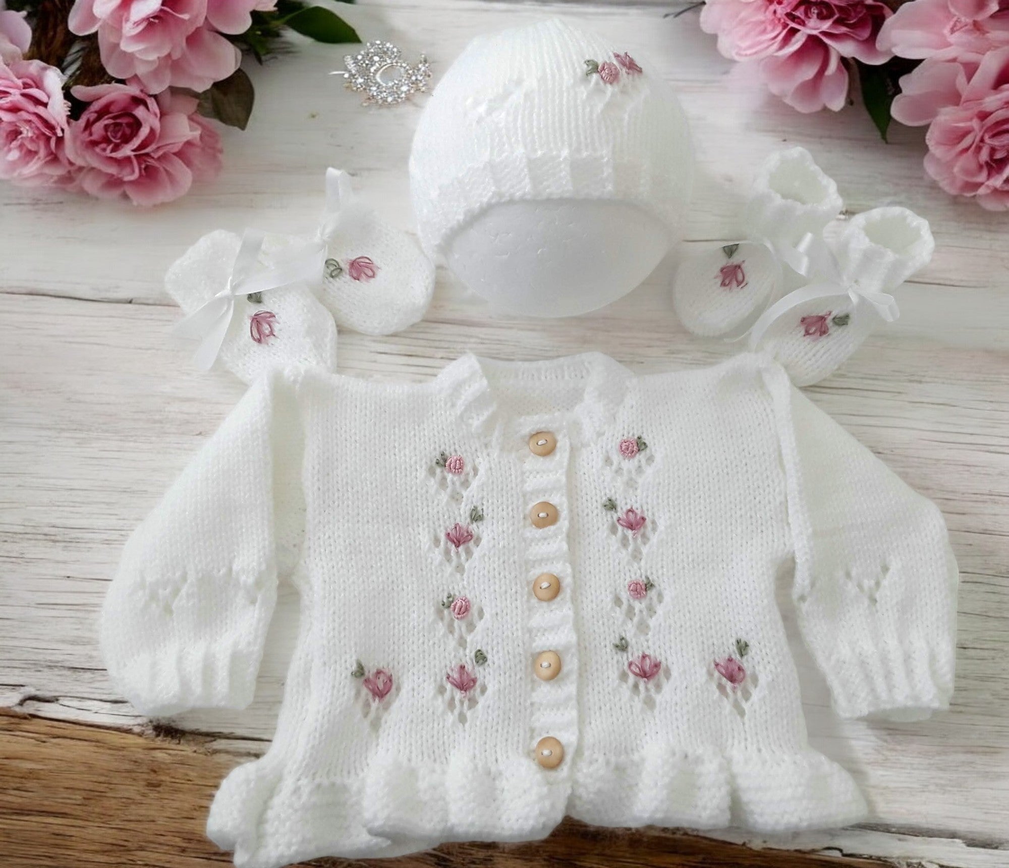 Hand Knitted Baby Girl Outfit with Matching Hat, Mittens & Booties | Embroidered Baby Shower Gift