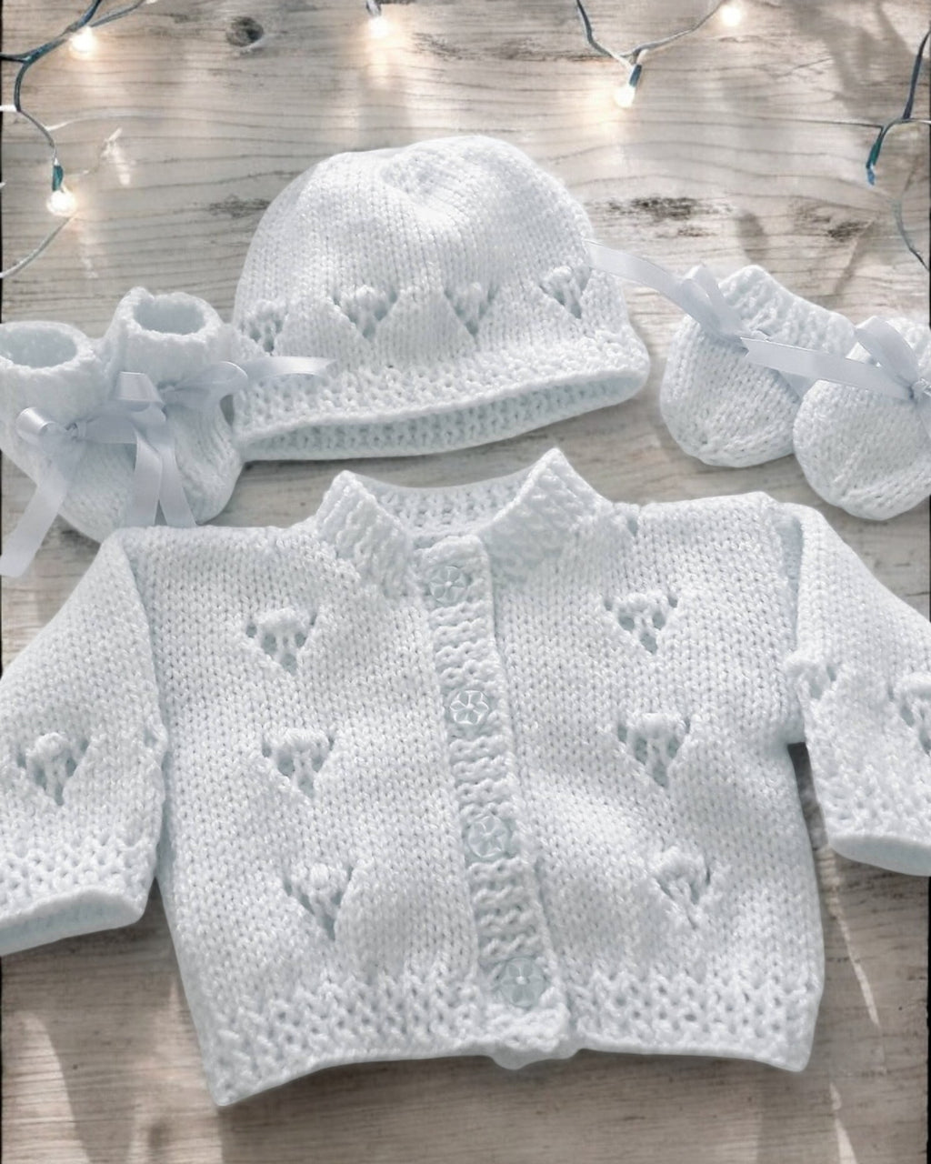 Gorgeous Hand-Knitted Unisex Baby Cardigan with  Matching Hat, Booties & Mittens