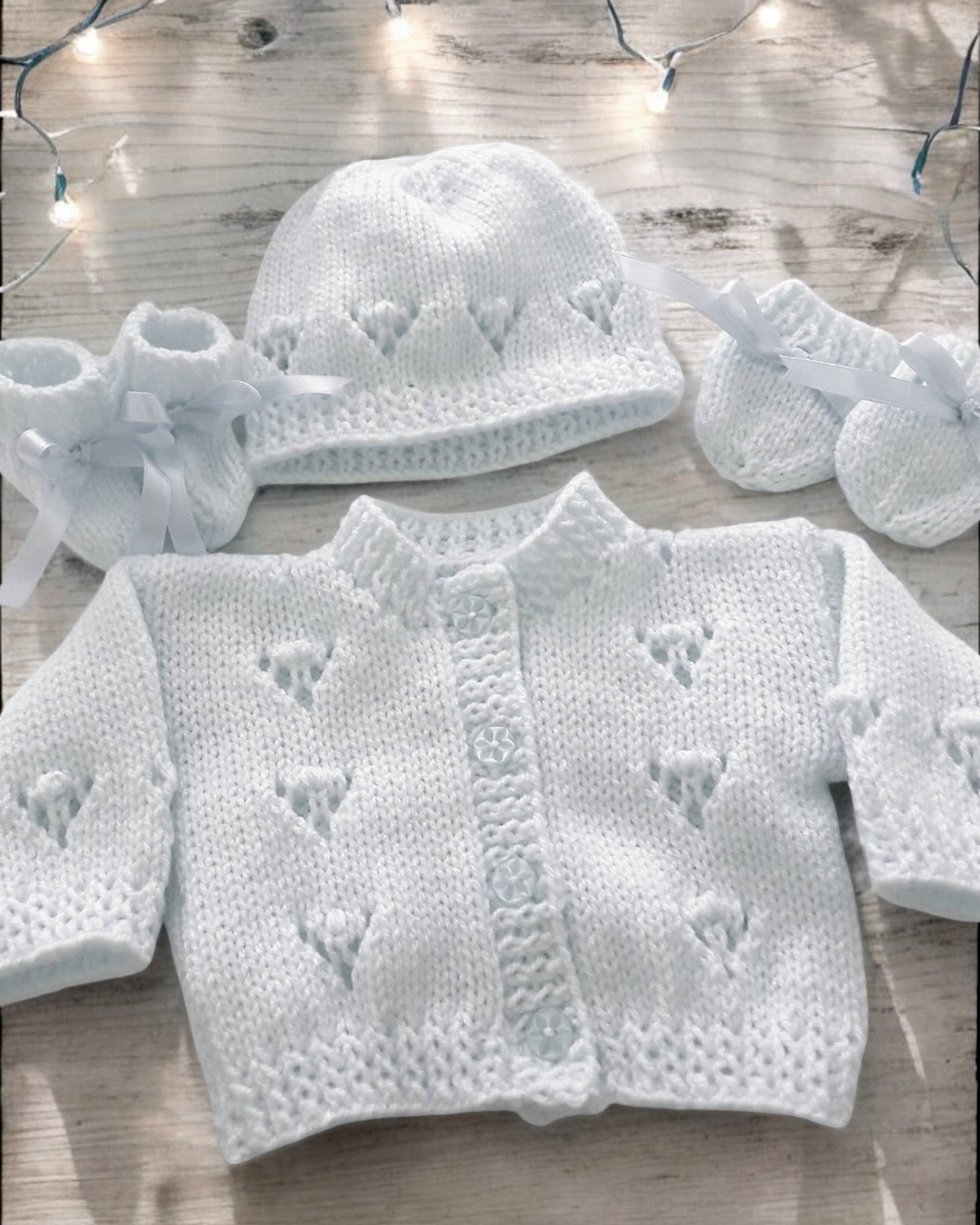 Gorgeous Hand-Knitted Unisex Baby Cardigan with  Matching Hat, Booties & Mittens