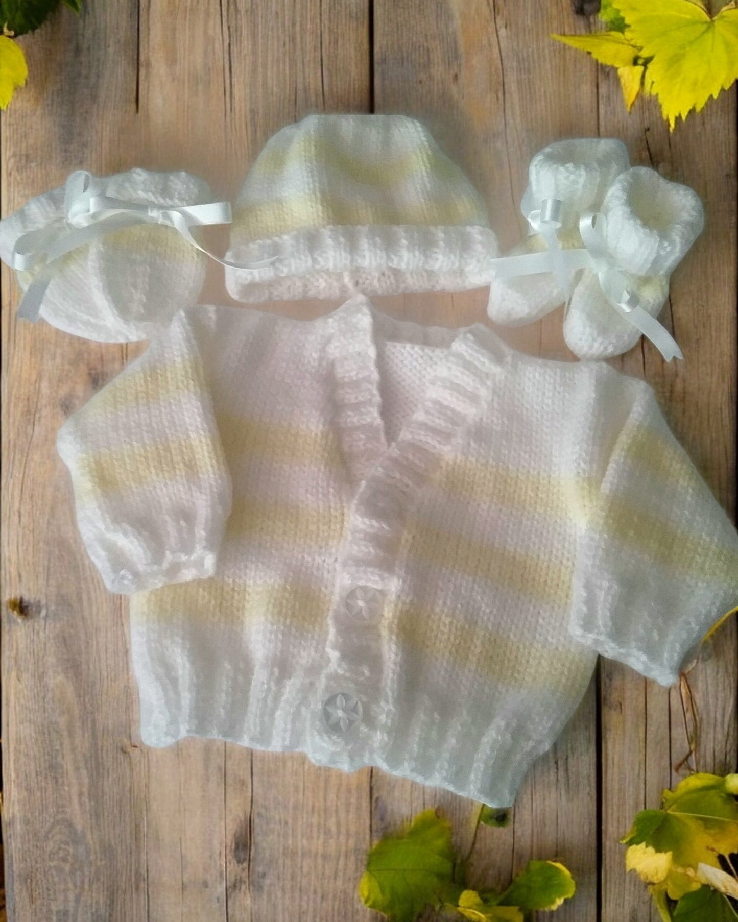 Stylish Stripy Knit Baby Bundle – Cardigan, Hat, Mittens & Booties