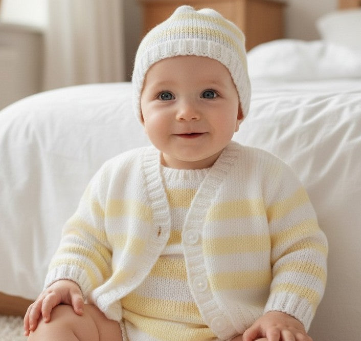 Stylish Stripy Knit Baby Bundle – Cardigan, Hat, Mittens & Booties
