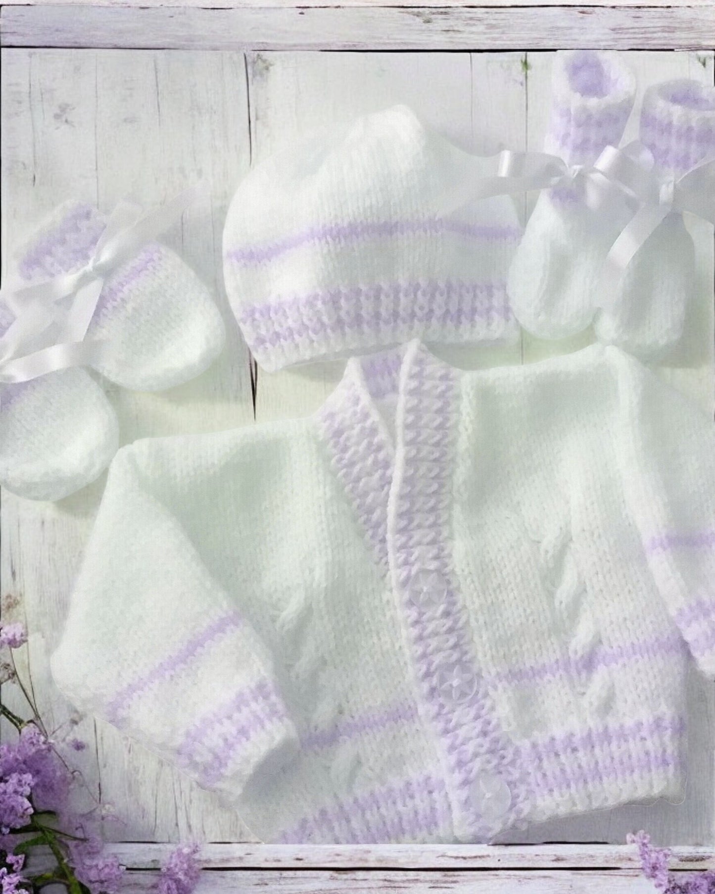 Cozy Stripy Knit Baby Ensemble – Cardigan, Hat, Mittens & Booties