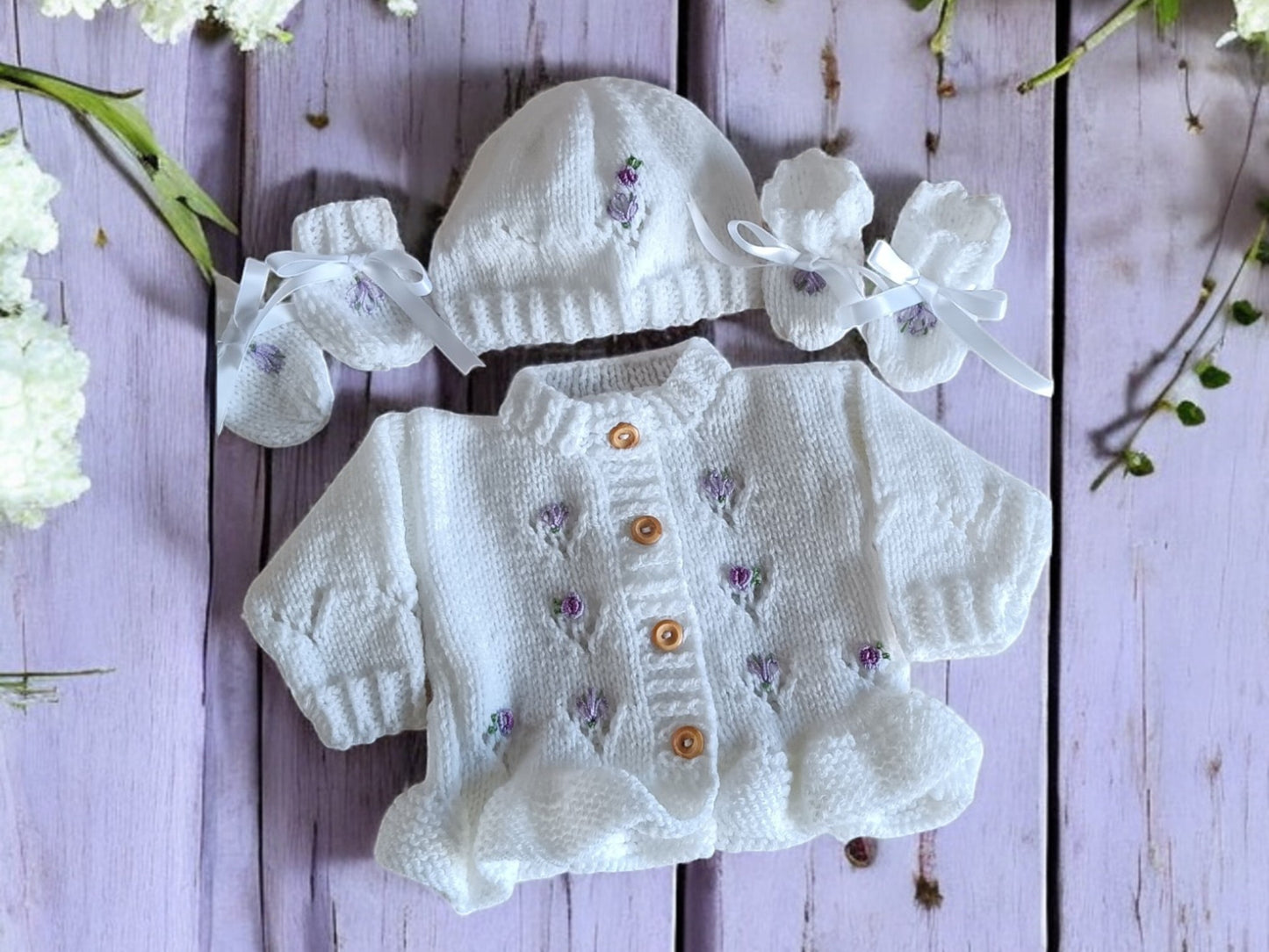 Frilly Baby Girl Cardigan with Beautiful Embroidery – Matching Hat, Mittens, and Boots Set