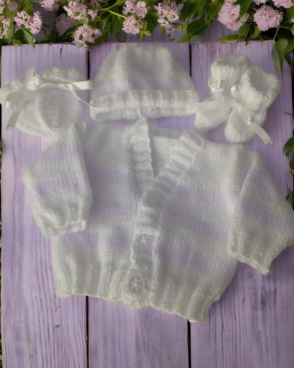 Stylish Stripy Knit Baby Bundle – Cardigan, Hat, Mittens & Booties