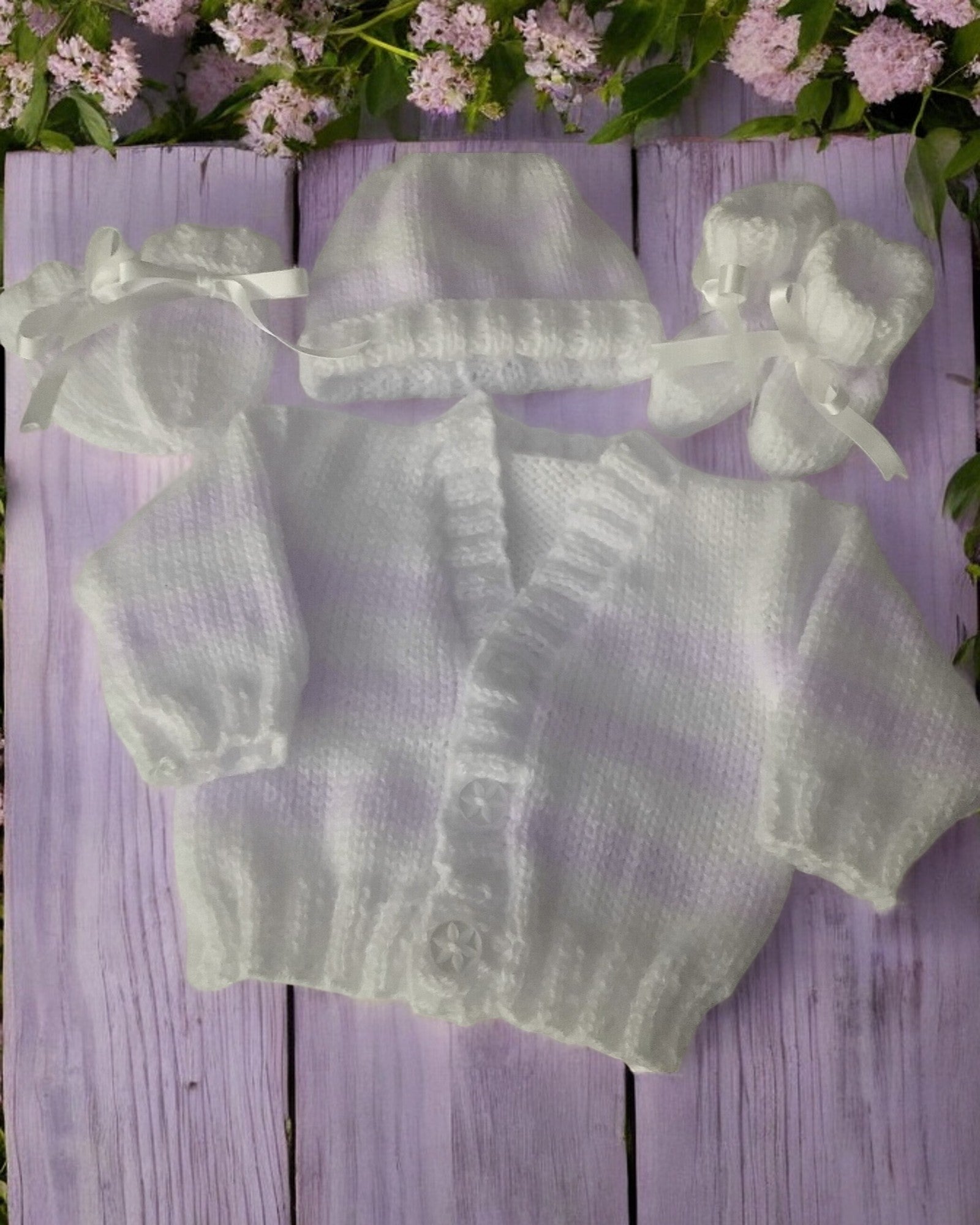 Stylish Stripy Knit Baby Bundle – Cardigan, Hat, Mittens & Booties