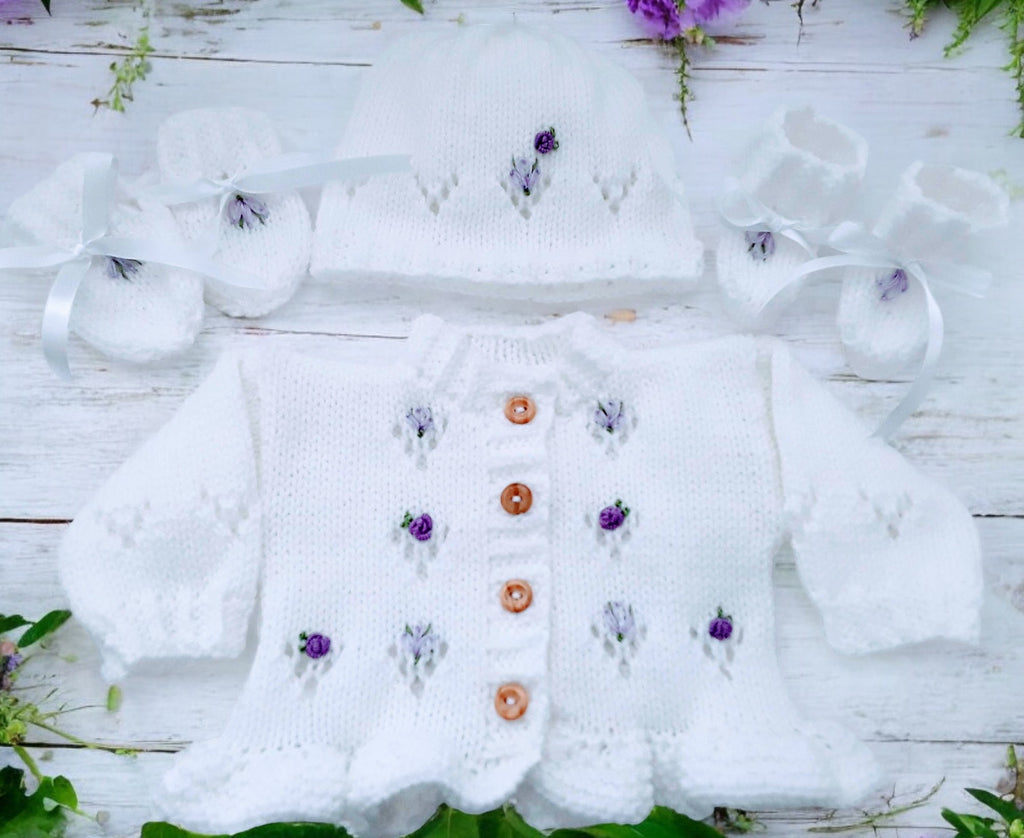 Hand Knitted Baby Girl Outfit with Matching Hat, Mittens & Booties | Embroidered Baby Shower Gift