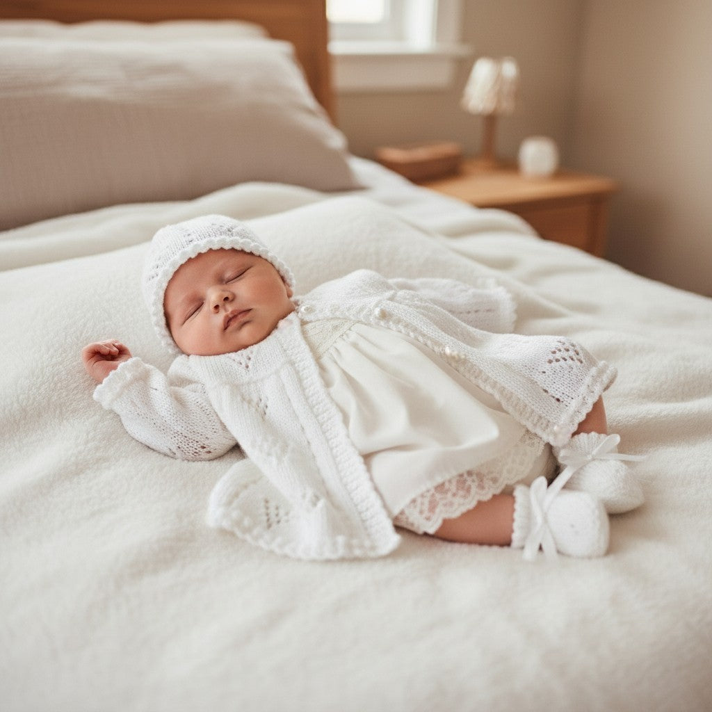 Cozy Baby Outfit: Knitted Matinee Coat, Hat, Mittens, and Boots Set