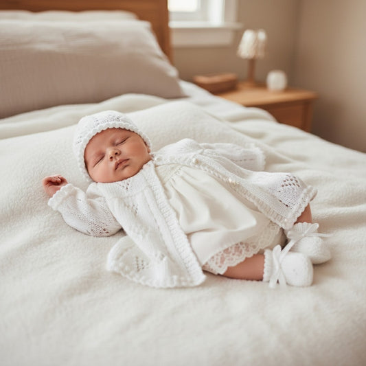 Cozy Baby Outfit: Knitted Matinee Coat, Hat, Mittens, and Boots Set