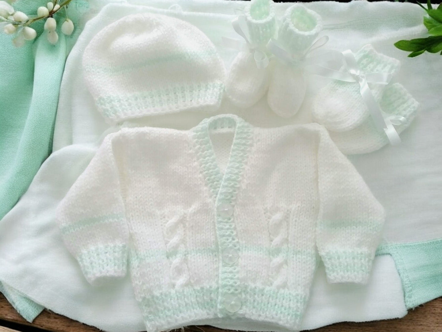 Cozy Stripy Knit Baby Ensemble – Cardigan, Hat, Mittens & Booties