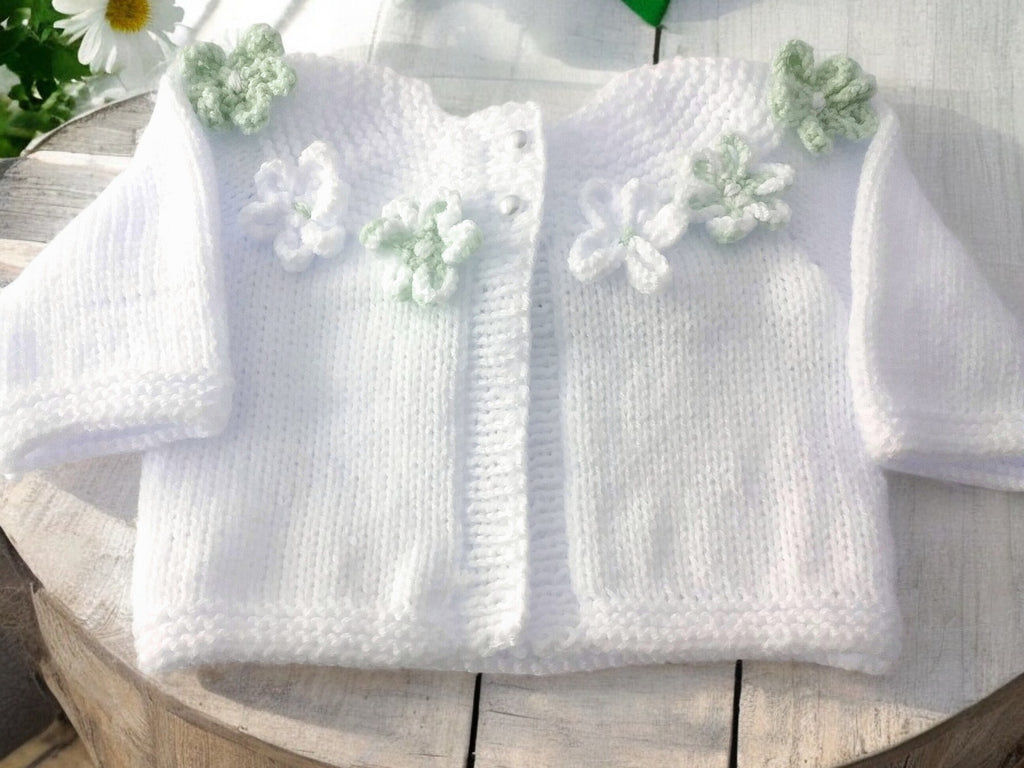 Hand Knitted Girls Cardigan with Yoke Design and Knitted Daisy Trim