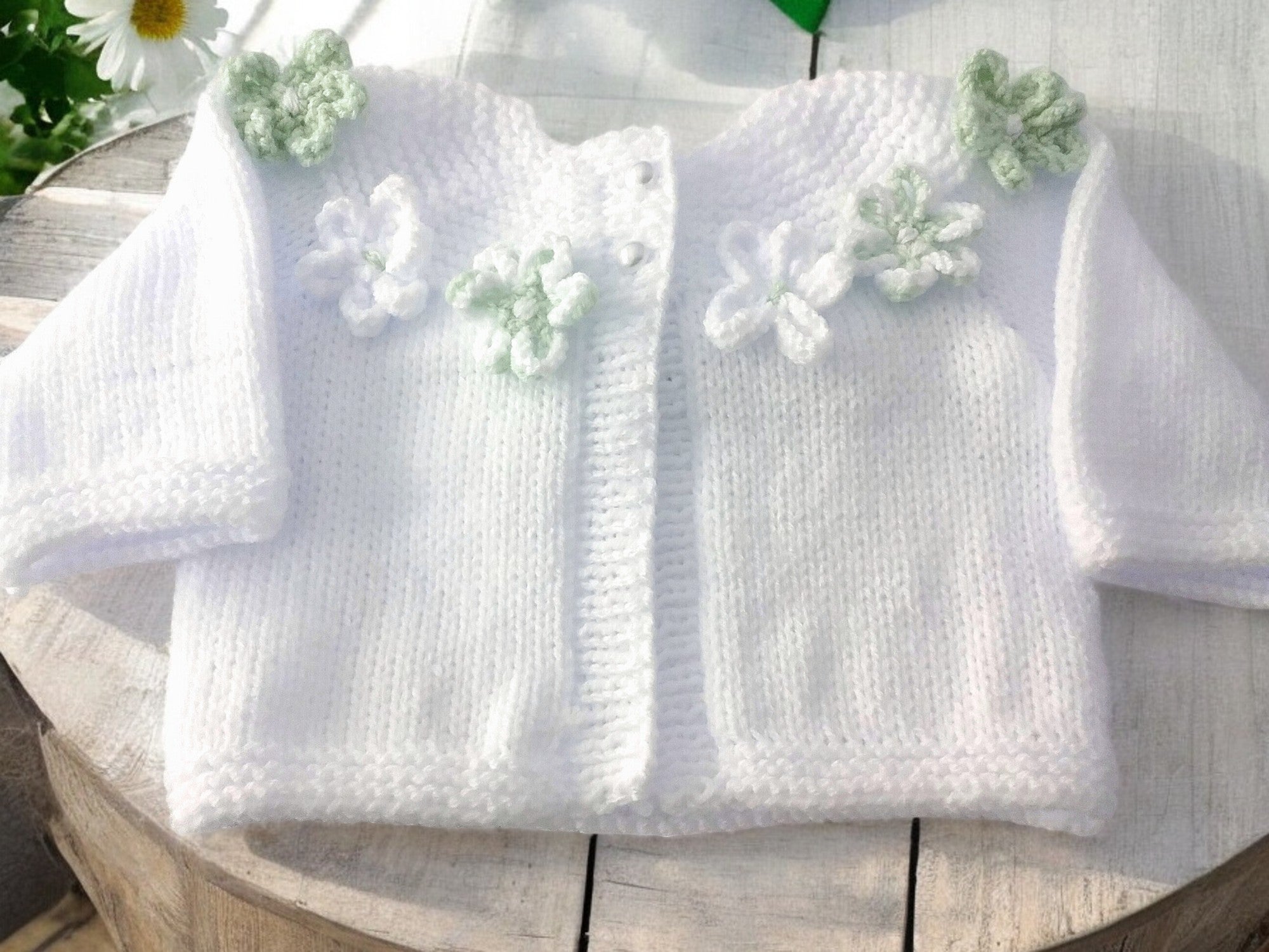 Hand Knitted Girls Cardigan with Yoke Design and Knitted Daisy Trim