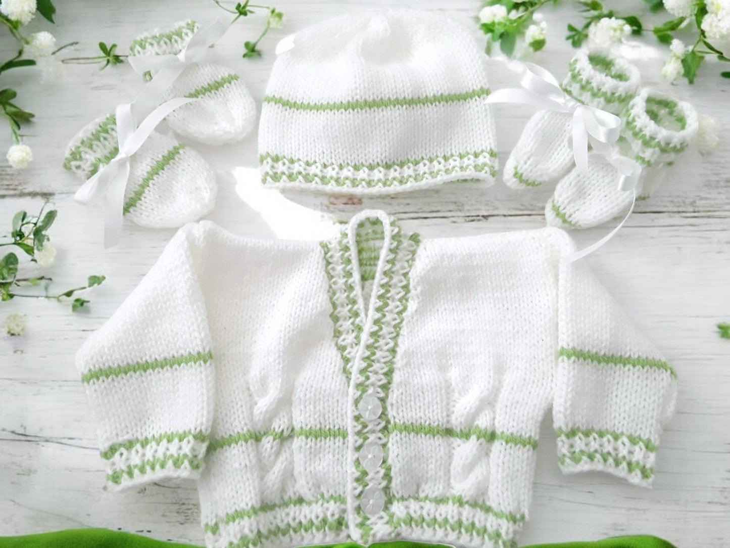 Cozy Stripy Knit Baby Ensemble – Cardigan, Hat, Mittens & Booties